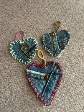 Handmade Denim Heart Key & Card Holder - Blue with Red, Pink, and Tan Accents